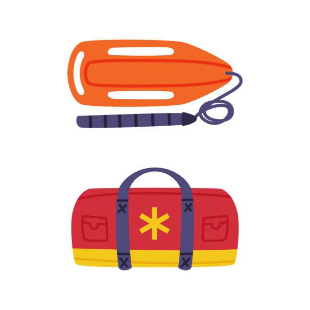 ilustraciones, imágenes clip art, dibujos animados e iconos de stock de bolsa médica de emergencia y rescate roja y amarilla y conjunto de vectores de superficie flotante - extremal