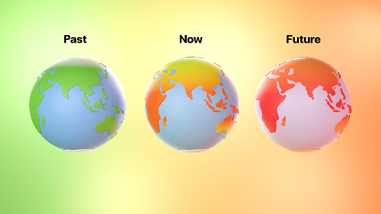 Comparison of three globe, Abundance of Blue earth with green land changing to red and orange metaphor world's temperature is rising up by climate change and human's release Co2, carbon dioxide or green house gas to atmosphere. 3D rendering.