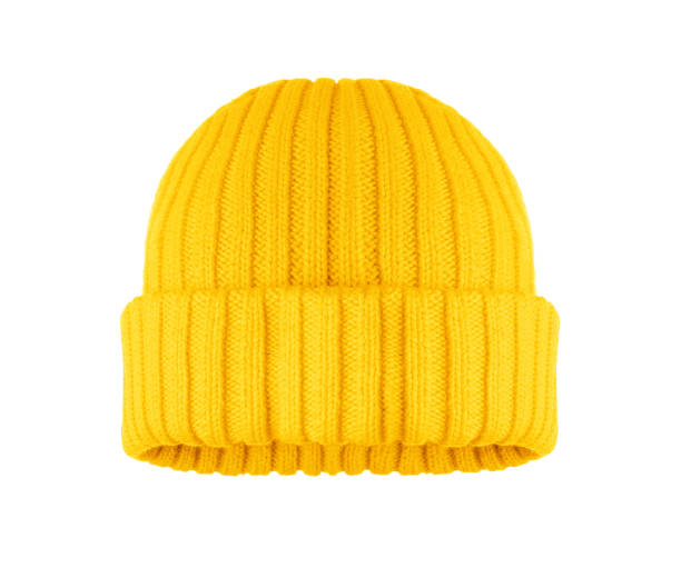 istock Cotton yellow winter hat closeup isolated on a white background 1440523712