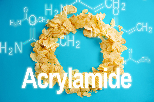 Acrylamide in food. Chips snack food and chemical formula of acrylamide. Europe imposes a restriction on products with an increased Acrylamide capacity. Europe's health food law.