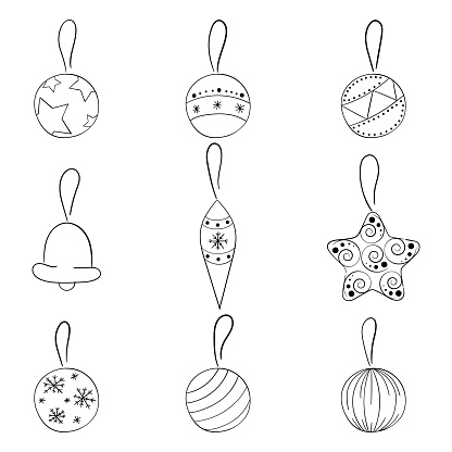 Set of Christmas tree toys , vector illustration doodle.