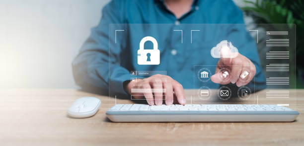 Business cybersecurity concept and virtual screen of the online security management, Businessman use computer encrypted to store personal data in internet access Future technology and cybernetics