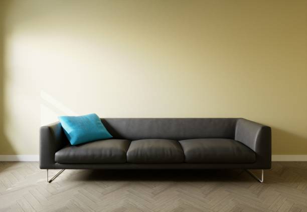 istock Empty interior mockup with sofa and wall. Leather sofa in the interior, with free space on the wall. 3d rendering 1440526826