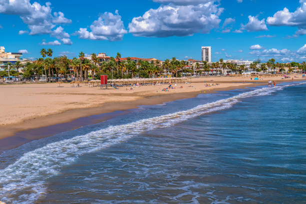 Cambrils beach Spain Platja Prat d`en Fores Costa Dorada Golden coast Cambrils beach Spain Platja Prat d`en Fores Costa Dorada Catalonia one of the beautiful beaches on the Golden coast cambrils stock pictures, royalty-free photos & images