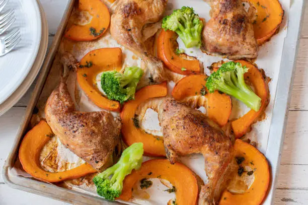 Homemade roasted chicken legs with baked red kuri squash and broccoli. Healthy meal for low carb, ketogenic, diet or healthy eating.