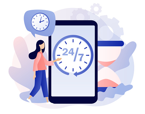 Around clock. 24 hours watch with arrow on smartphone screen. 24-7 support service, open, time, working hours, delivery concept. Modern flat cartoon style. Vector illustration