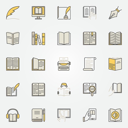 Literature colorful icons set - vector reading and writing creative symbols. Book modern signs or design elements