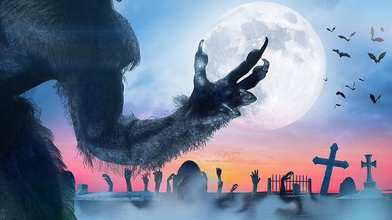 scary monster hand, furry werewolf paw for halloween background render 3d