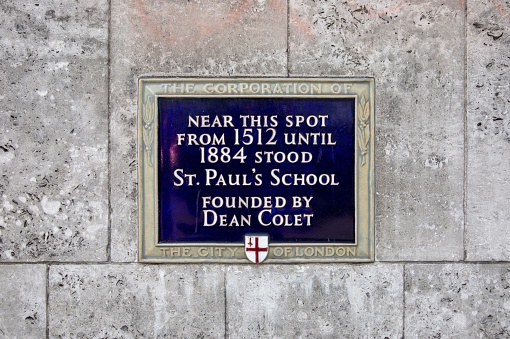 London, United Kingdom – October 28, 2022: A closeup of a historic plaque showing the location of St Paul's School in London