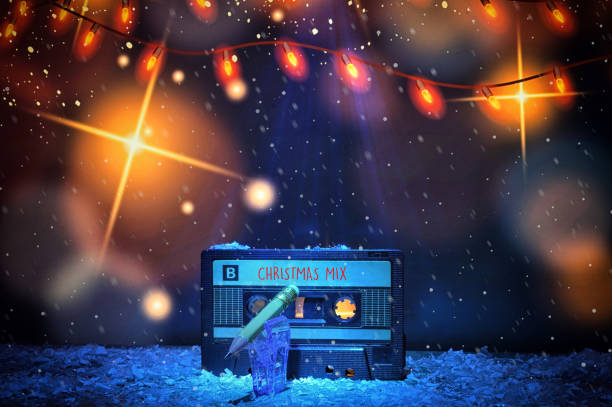 Retro Cassette Tape with Christmas mix music on stage stock photo