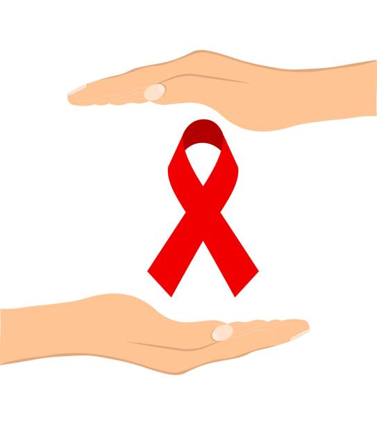 손과 빨간 리본 - aids awareness ribbon stock illustrations