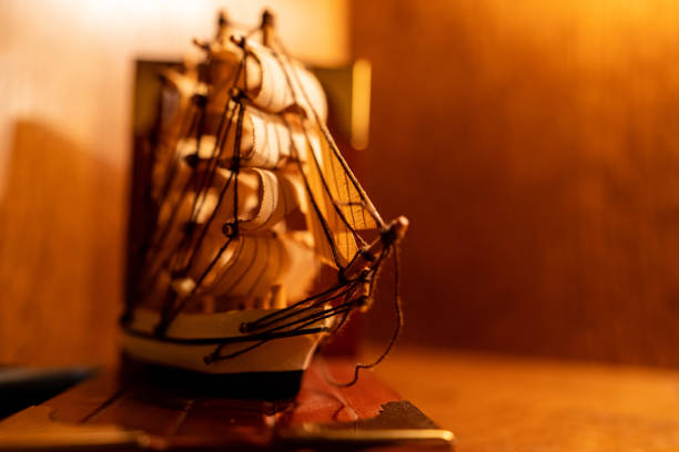Wooden ship toy model, isolated on white background