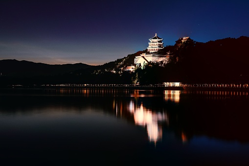 A night view of the beautiful Summer Palace in Beijing, China