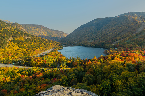 Beautiful shot of the Echo Lake in the Franconia Notch State Park in autumn
