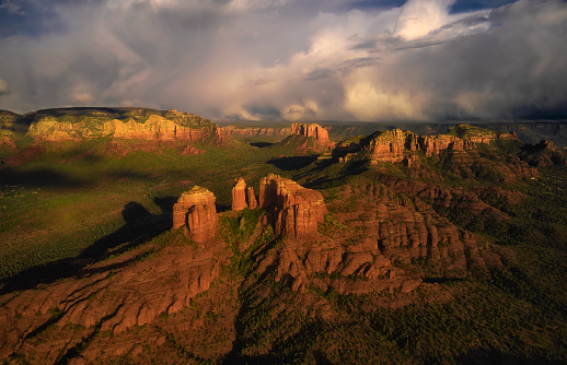 An aerial view of the mighty Cathedral Rock in Sedona in sunset