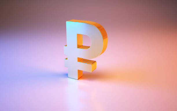 3d render Rouble Symbol Sitting on Metallic Blue and Pink Background (Close-up)
