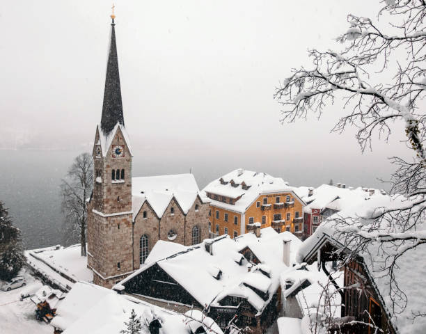 istock High angle shot of Hallstatt Austria covered with snow during winter 1440541601
