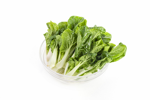 A vertical shot of green leafy vegetables on a glass bowl isolated on a white background