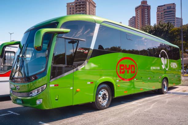 Sao Paulo, Brazil – October 05, 2022: Electric vehicle Comil Campione Invictus 1200 BYD D9W 2021, held in the city of Sao Paulo.