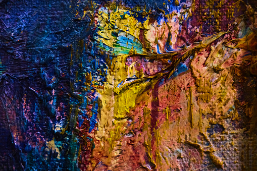Abstract colorful oil painting on canvas. Oil paint texture with brush and palette knife strokes. Multi colored wallpaper. Macro close up acrylic background. Modern art concept.