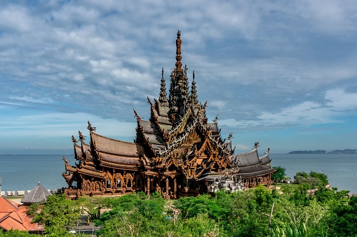 Pattaya, Thailand – October 07, 2022: A landmark and beautiful view of the remarkable structure of the Sanctuary of Truth Museum in Pattaya, Thailand.