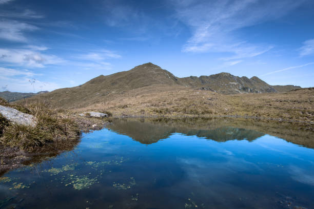 istock Small pond surrounded by hills covered in dry grass under a blue sky and sunlight 1440544719