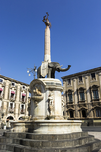 Catania, Italy – August 31, 2020: Hitorical monument with the Elephant located in Piazza duomo in Catania.