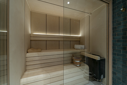 A closeup shot of an interior of a luxurious sauna