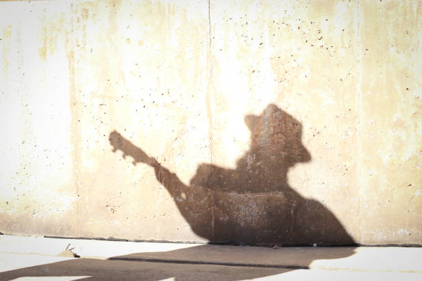 A beautiful shot of a guitar player shadow on a wall