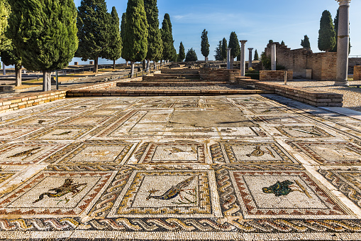 Ancient mosaic with birds at the Roman ruins of Italica, Santiponce, Sevilla, Spain