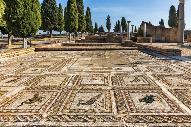Mosaic with birds at the Roman ruins of Italica, Santiponce, Sevilla, Spain Ancient mosaic with birds at the Roman ruins of Italica, Santiponce, Sevilla, Spain italica spain stock pictures, royalty-free photos & images
