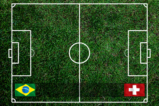 Digital created soccer field from a high angle view.