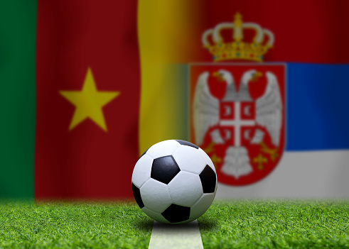 White football ball with the flag of Montenegro on a white background. Isolated. Leather soccer ball. Classic white ball with patches. Flags of countries. 3D illustration.