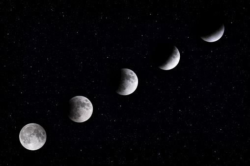 A grayscale shot of the moon in different phases