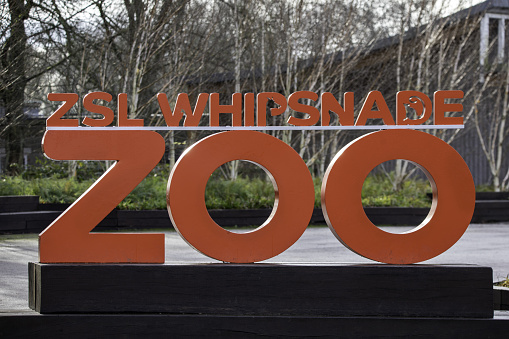 Whipsnade, United Kingdom – January 02, 2021: The entrance sign at Whipsnade Zoo, Bedfordshire.