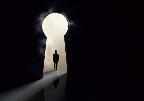 A 3d illustration of a businessman standing in front of a keyhole in silhouette