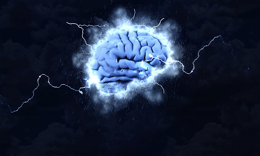 A 3D rendering of a brain in a stormy cloudscape, and lightning on dark background