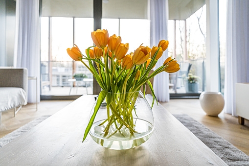 Yellow tulips in a vase on the table in a modern interior in The Hague