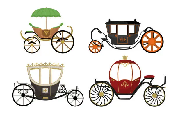 Vector illustration of Set of colorful royal carriages cartoon style. Vector illustration of chariots to transport kings, princesses or just order for weddings on white background.