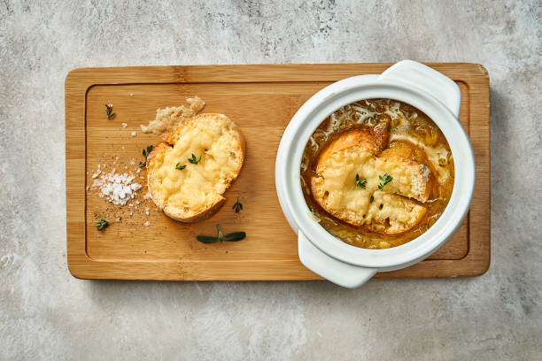 Classic French onion soup in a plate. Selective focus, close-up stock photo