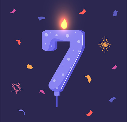 Birthday candle with number 7. Symbol of holiday and festival. Entertainment, event and party. Anniversary decoration, gift, present and surprise for celebration. Cartoon flat vector illustration