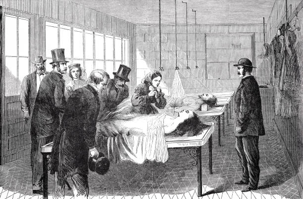 New York City, the morgue, people looking at a corpse, 1866 Illustration from 19th century. morgue stock illustrations