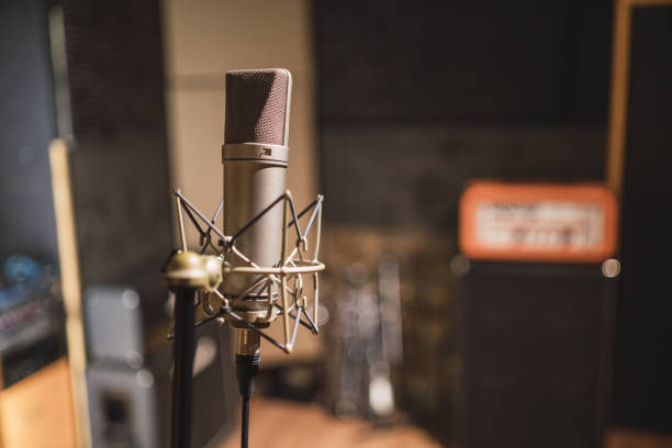 istock Horizontal shot of a microphone, professional equipment in the recording studio 1440550734