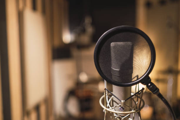 istock Selective focus shot of a pop filter and studio microphone, professional audio equipment 1440550744
