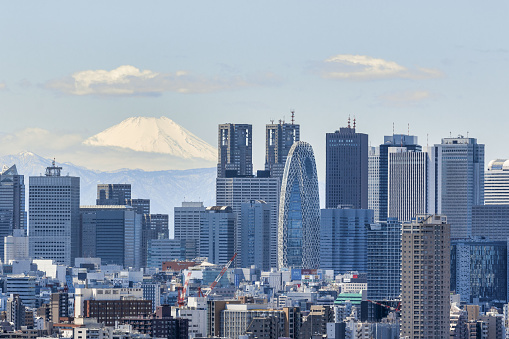 Tokyo, Japan – April 11, 2019: April 11, 2019, Tokyo, Japan - Skyscrapers of Shinjuku and Mt. Fuji view.