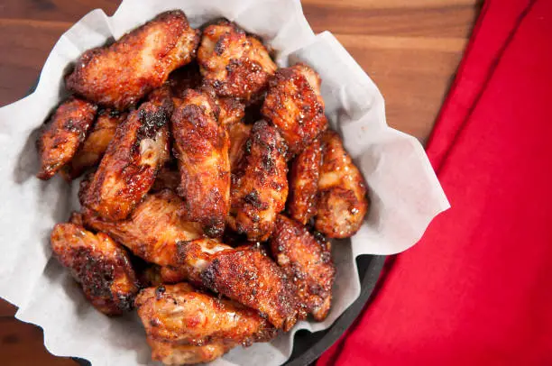 hot and spicy buffalo style chicken wings in a basket