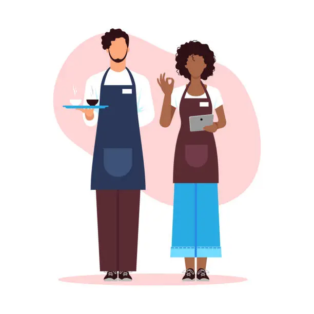 Vector illustration of Vector illustration of beautiful waiters. Cartoon scene with man and girl waiters who meet visitors to a cafe with cup of coffee.