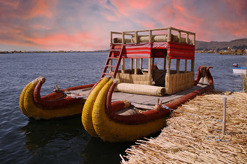 A closeup of a traditional boat used by people living on the island of Los Uros in Lake Titicaca, Peru