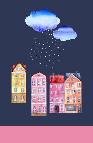 handgezeichnetes aquarellhaus in hellen farben - copenhagen illness night travel stock-grafiken, -clipart, -cartoons und -symbole