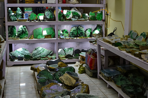Beautiful jade stones and jewelry at the Jade Market, Mandalay, Myanmar